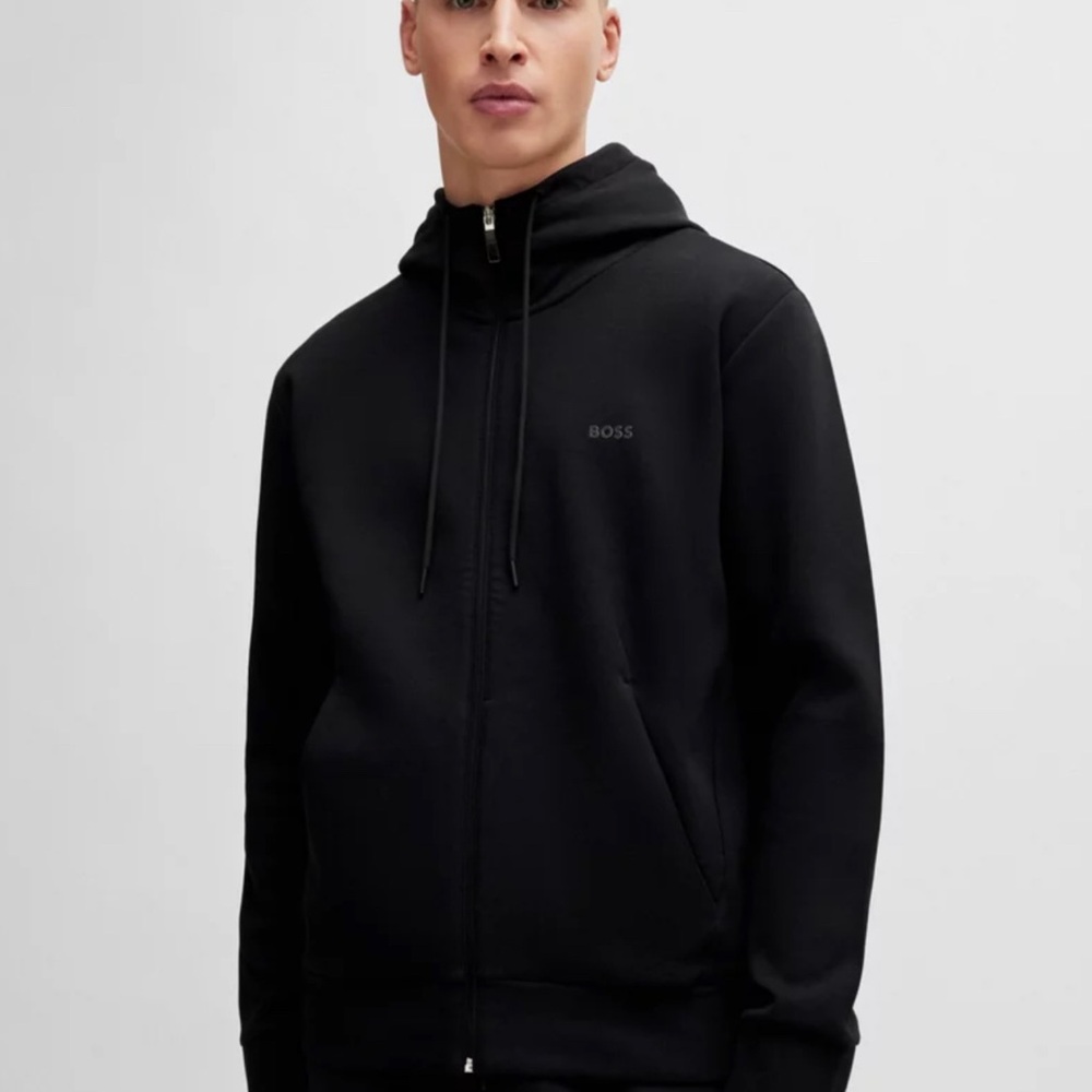 Hugo Boss - STRETCH-COTTON ZIP-UP HOODIE WITH LOGO PRINT - Black (Size M)